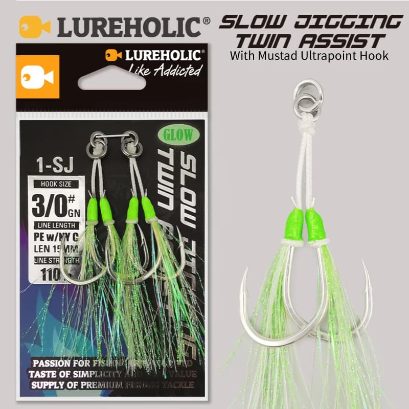 Hameçons Mustad Glow Slow Jigging Twin Assist pour la pêche au dorade en mer