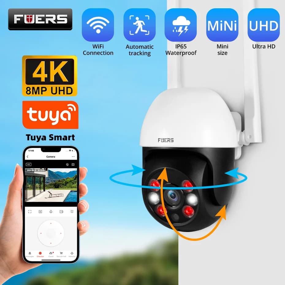 Caméra de sécurité extérieure Fuers 8MP 4K - Détection humaine IA, suivi automatique, WiFi Tuya