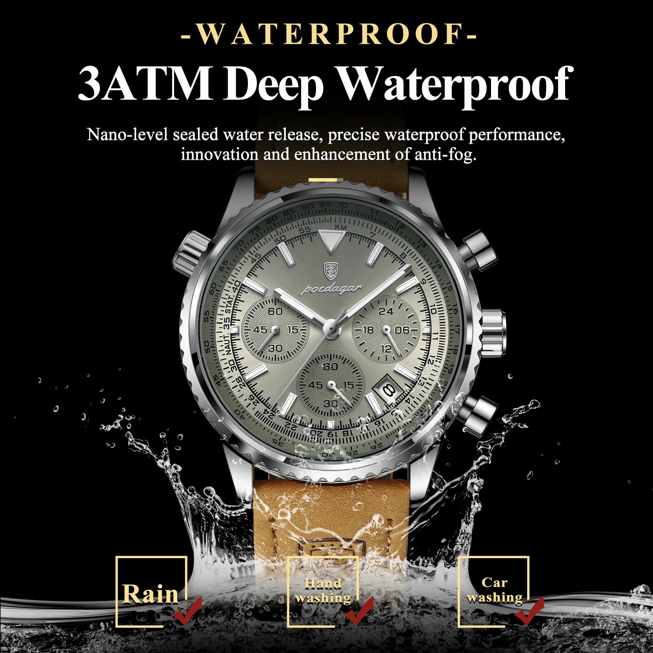 Montre homme chronographe étanche lumineuse - Boîtier cuir quartz pêcheur cadeau boîte