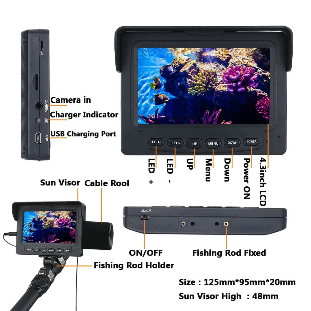 Détecteur poissons hiver GAMWATER 4.3" 1000TVL 6 LEDs vision nocturne - Caméra pêche glace/mer/rivière