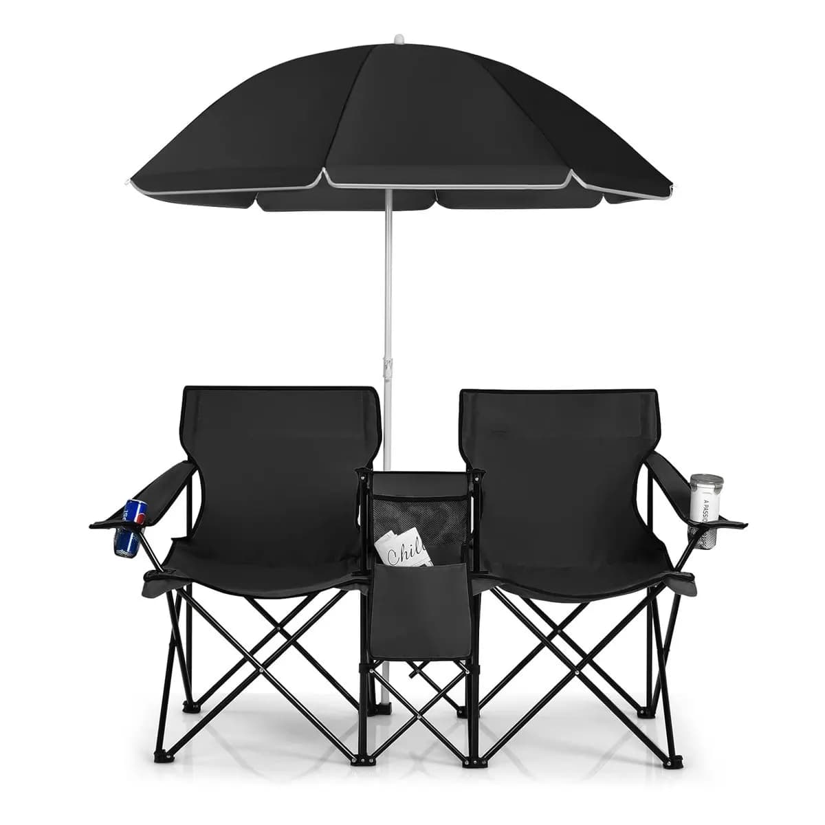 Fauteuil camping 2 places avec parasol porte-gobelet pêche pliant sac transport pique-nique