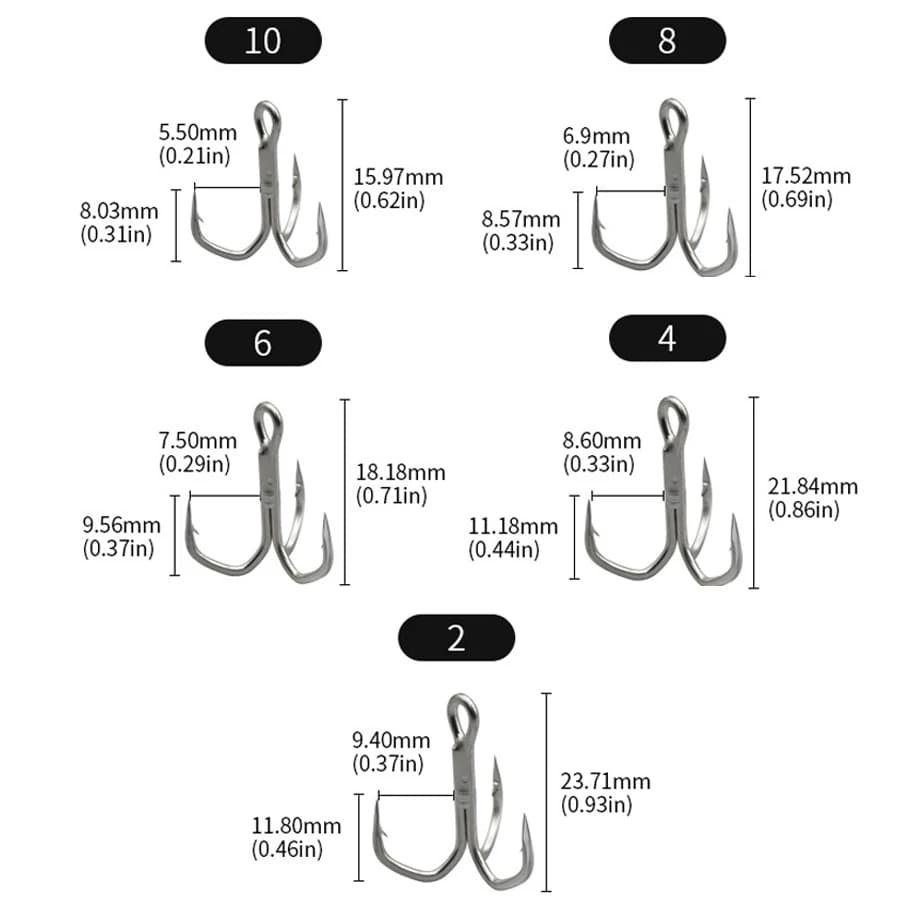 Hameçons triples 5X renforcés pour gros poissons - Truite, Saumon, Thon - Lot de 10 (Tailles