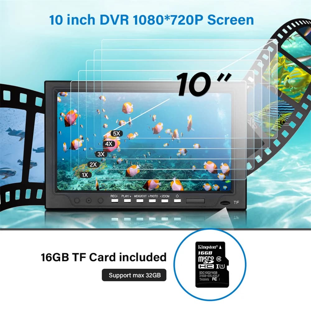 Caméra de pêche sous-glace 10 pouces DVR avec écran HD 1280x720 et carte 16GB intégrée pour enregistrement longue durée