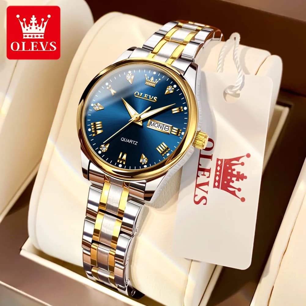 Montre femme luxe OLEVS diamants or acier inoxydable étanche calendrier date cadran lumineux bracelet métal