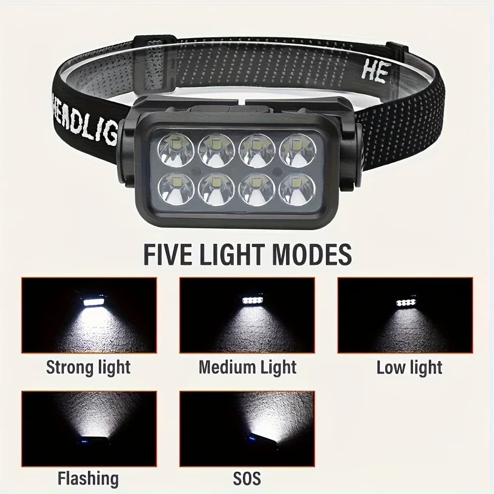 Lampe frontale rechargeable avec capteur de mouvement : 8 LEDs ultra-légères, 5 modes pour pêche et outdoor