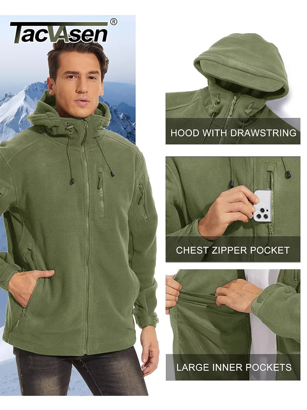 Veste polaire TACVASEN avec capuche zippée anti-vent pour pêche printemps-hiver