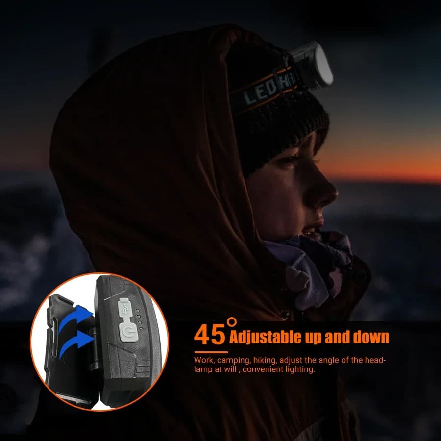 Lampe frontale COB LED 1300LM rechargeable USB 5 modes étanche pour pêche camping nocturne