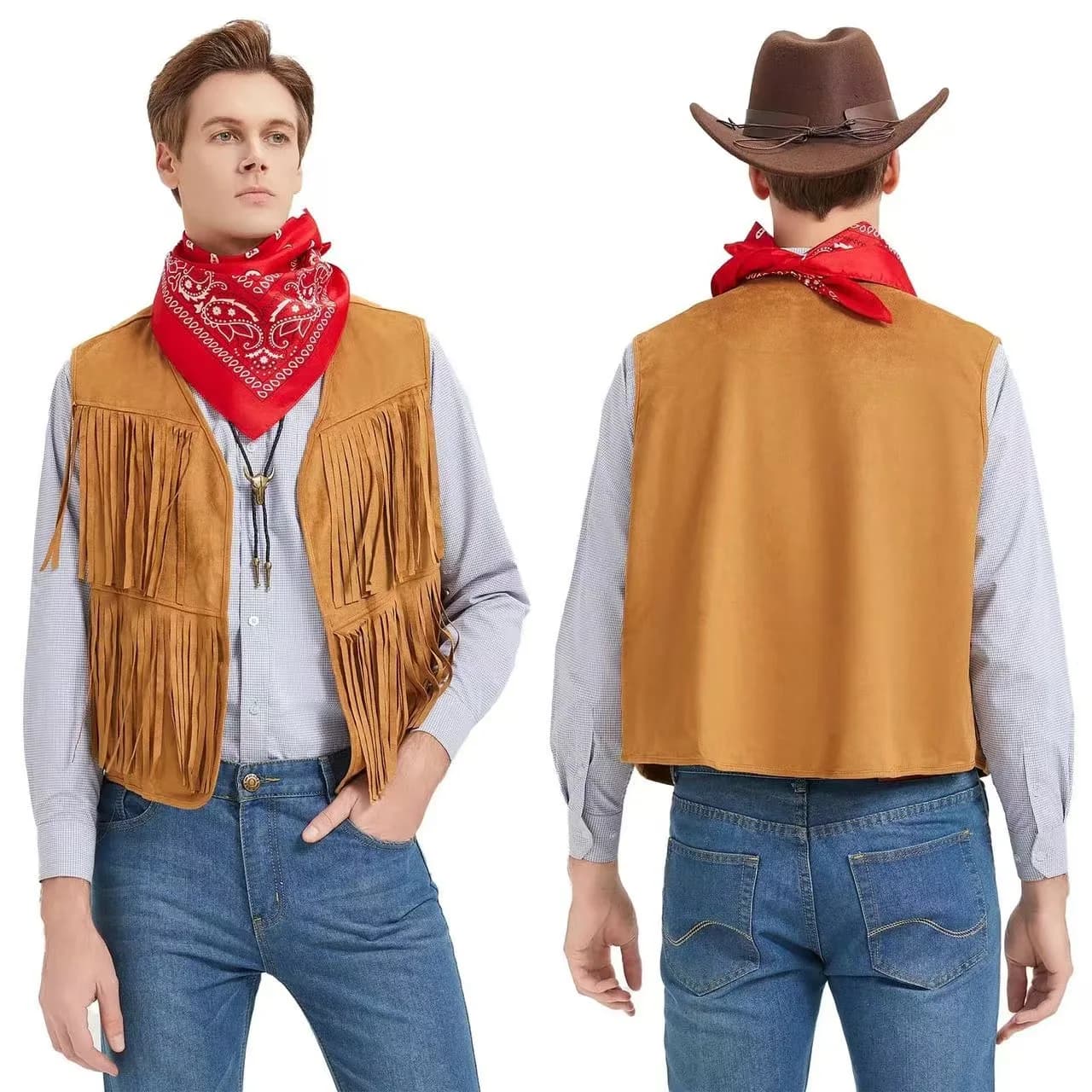 Veste frangée sans manches homme style cowboy western en suédine pour pêche couche aérée sans boutons