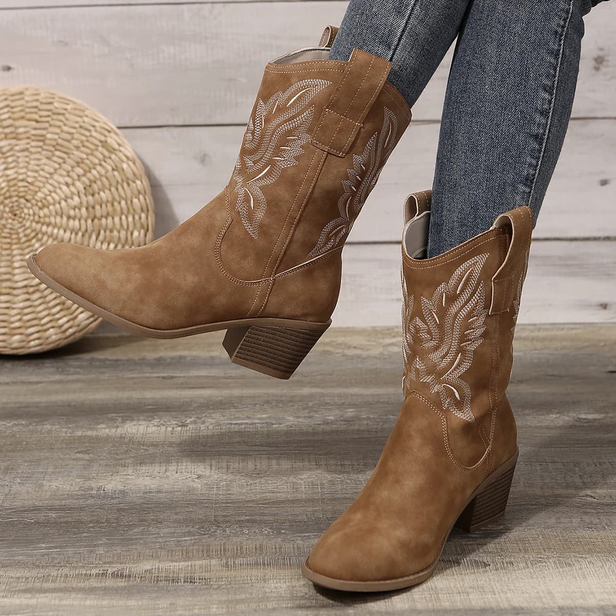 Bottes cowboy femme brodées pointues talon épais genou automne western botas de mujer neuves