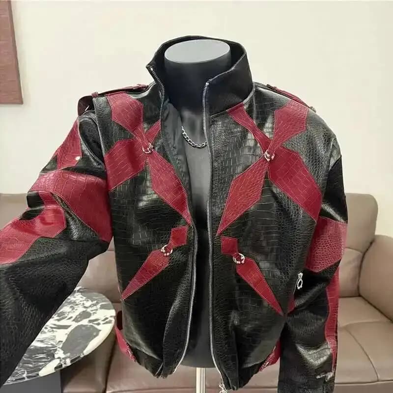 Veste en cuir PU homme 2025 col montant contrasté - Veste fashion pour pêcheurs au style streetwear tendance