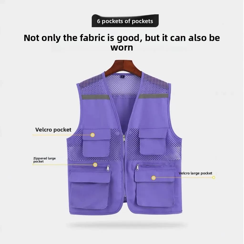 Veste enfants réfléchissante pêche - Tissu filet multi-poches - Logo personnalisable sécurité