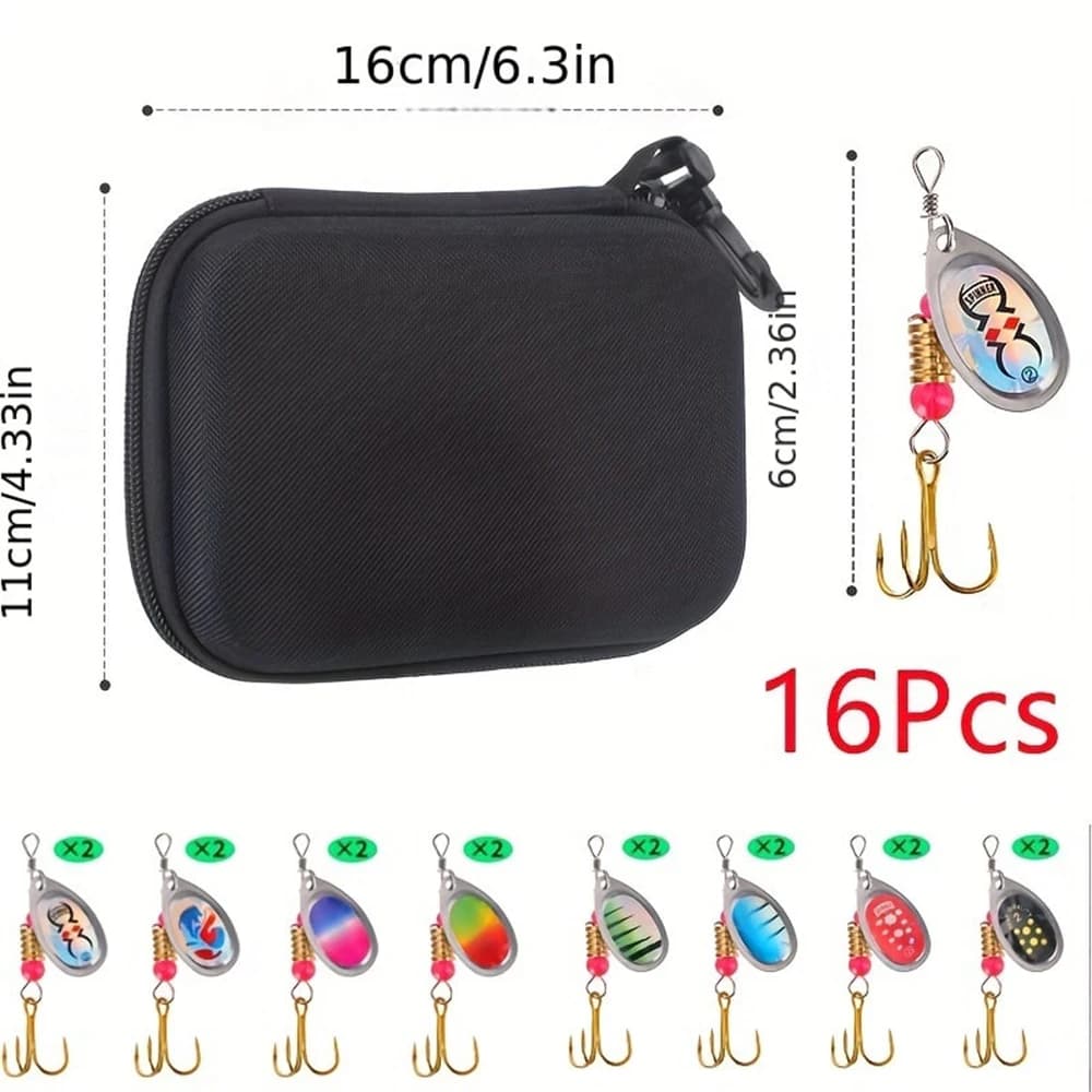 Set de 16 cuillères tournantes métal - Leurres spinner bait pour brochet, bar et truite avec sac de transport