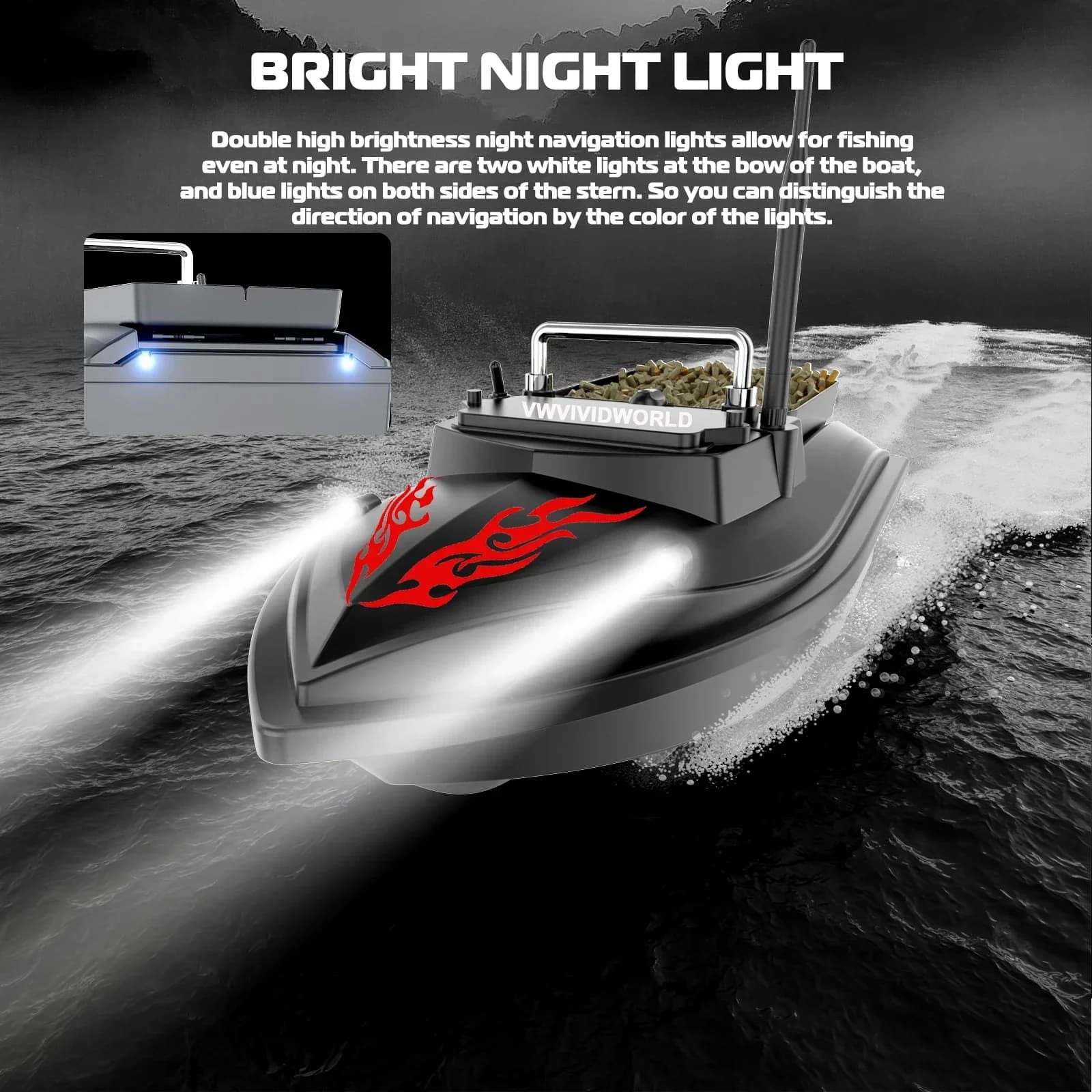 Bateau appât télécommandé VWVIVIDWORLD 500m - 2kg charge vitesse fixe étanche 4 lumières nuit