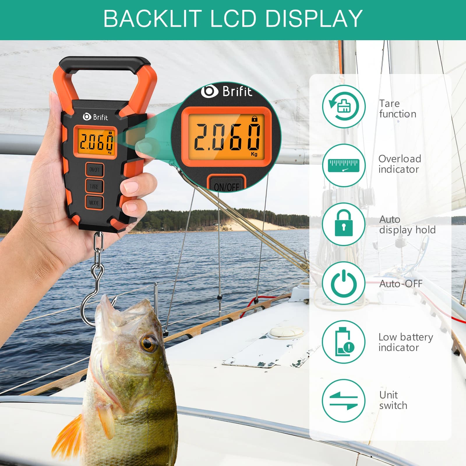 Balance digitale 50kg/10g étanche avec pince - Règle intégrée pour mesurer et peser poissons précisément