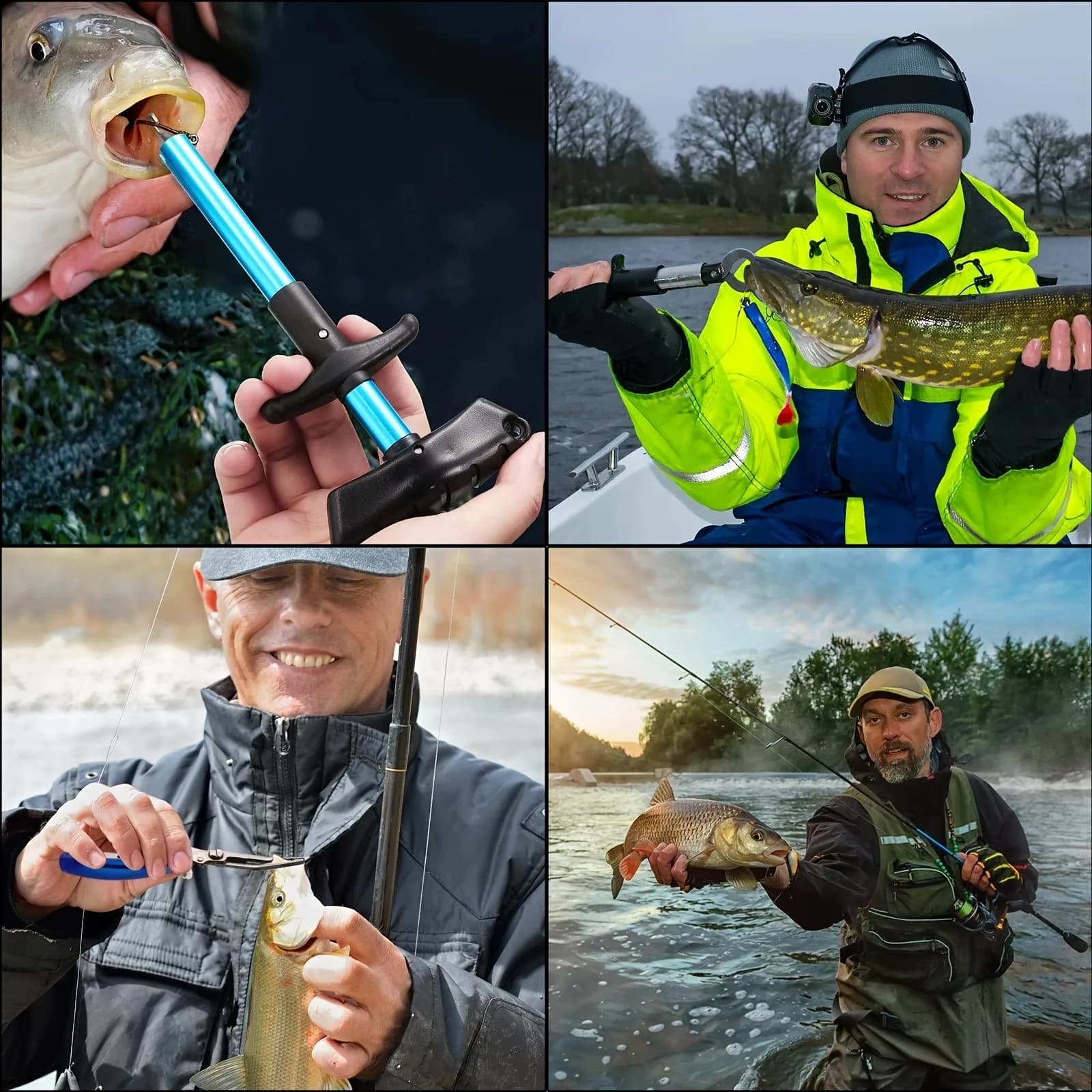 Pince à lèvres pêche 7 pièces pliable inox avec balance et règle pour carpe et gros poissons
