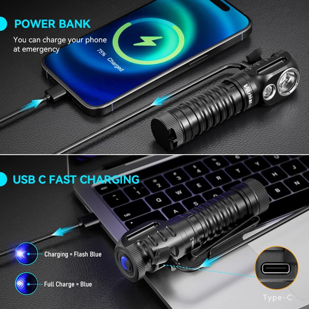 Wurkkos HD20 lampe frontale 2000LM magnétique IP68 avec power bank pour camping et pêche