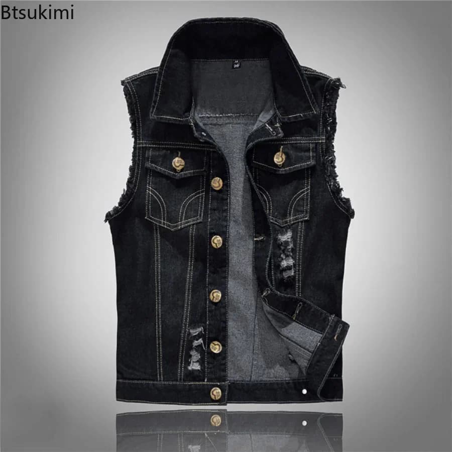 Veste sans manches en jean délavé pour homme, style cowboy et extérieur, bleu ou noir