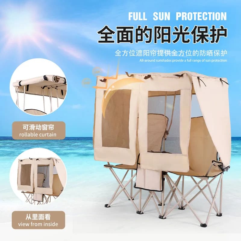 Paire de chaises pliantes double avec pare-soleil intégré pour pêche et plage en couple