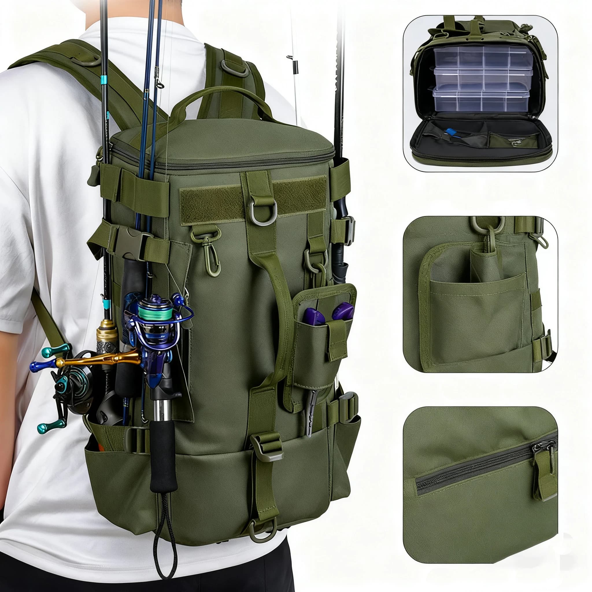 Sac à dos pêche multifonction étanche avec porte-cannes - Stockage équipement pêche résistant