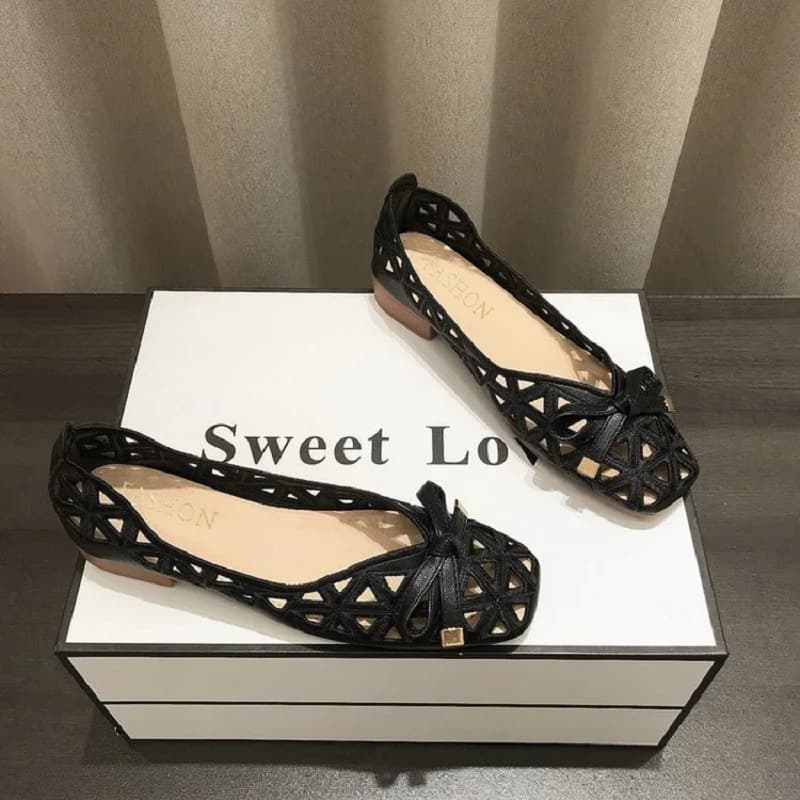 Sandales plates femme été style français 2025 - Chaussures beige découpes géométriques pour robes