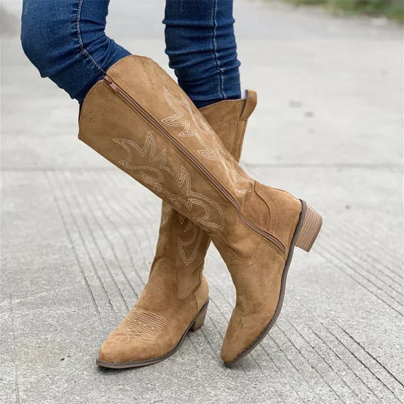 Bottes cowboy brodées femme automne - Bottes genou pointues talon épais cuir PU