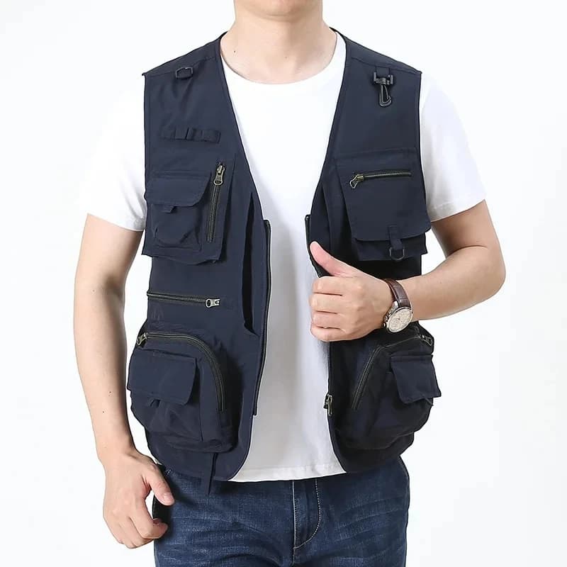 Veste de pêche cargo rouge personnalisable 2025 - Yelek multi-poches nylon pour journaliste photo camping