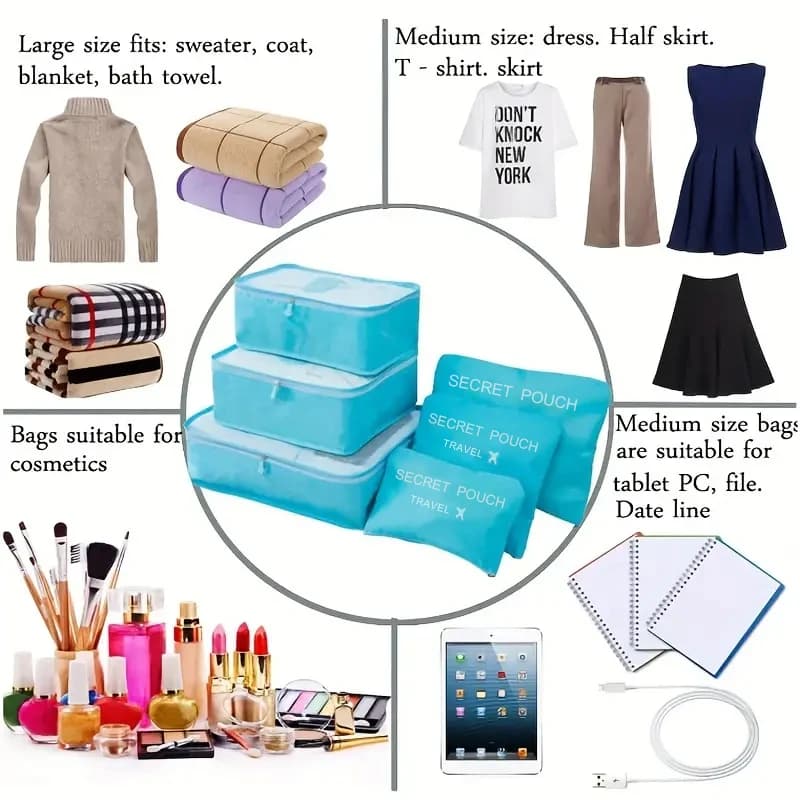 Set 6 pochettes de rangement de voyage - Grands sacs étanches rose/bleu/gris pour valise et vêtements