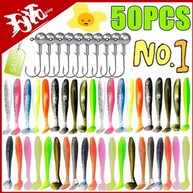 Kit 50/30/15 leurres souples - Set appâts silicone avec têtes plombées - Accessoires pêche leurres
