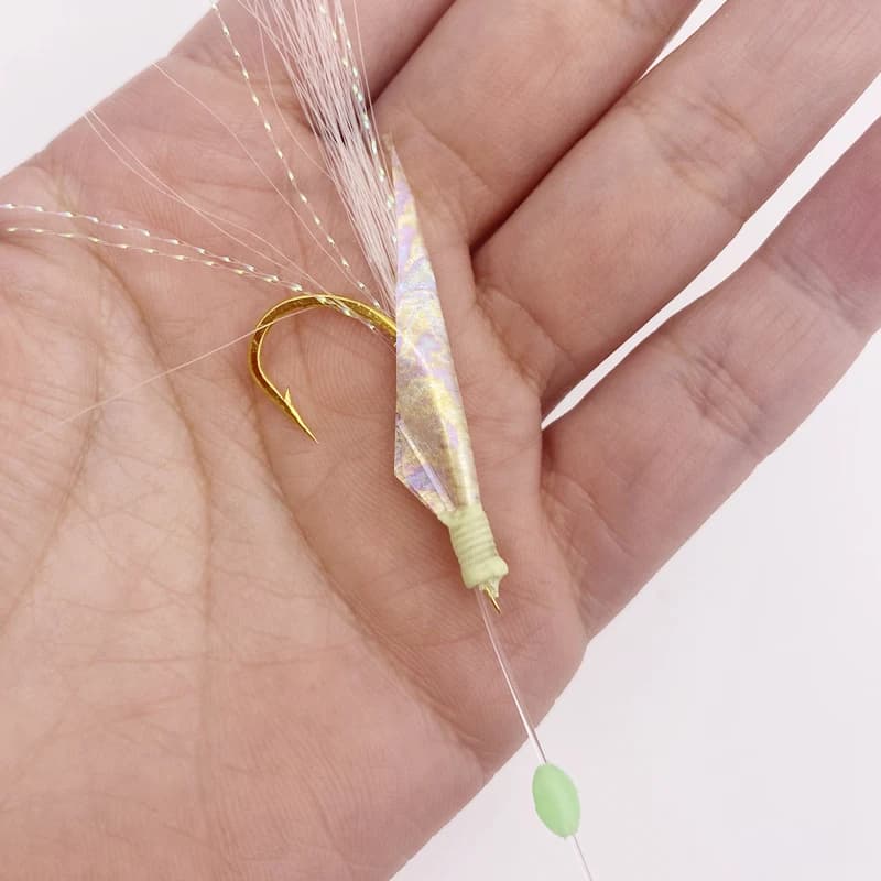 Flasher string hooks avec peau de poisson réel pour pêche en mer - leurre lumineux pour seiche, poulpe et congre