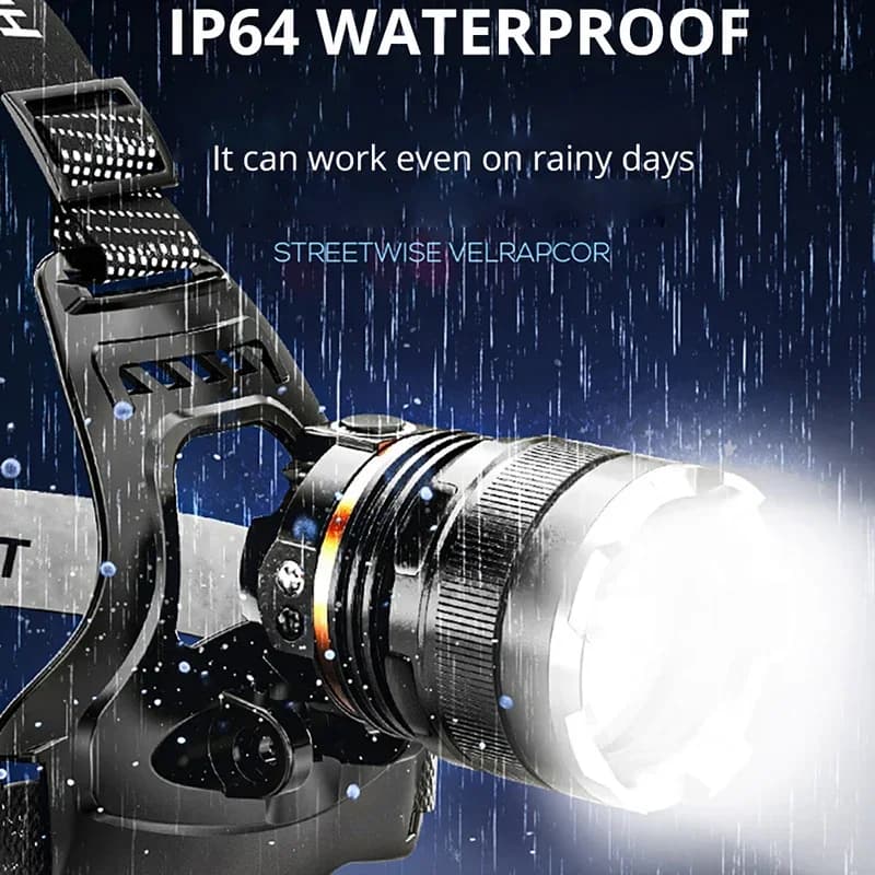 Lampe frontale LED rechargeable pêche puissante détecteur optionnel compatible piles 18650