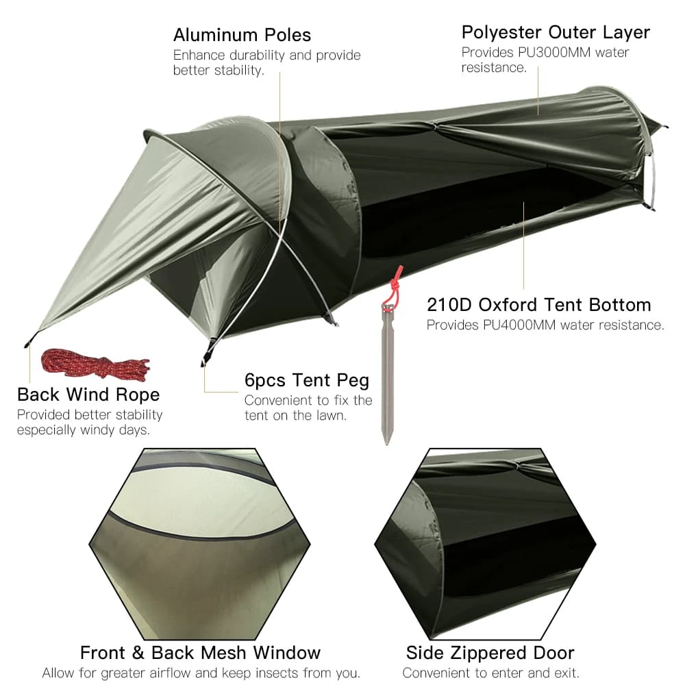 Tente tunnel 1 personne ultralégère 210D Oxford imperméable randonnée pêche camping sac à dos compacte