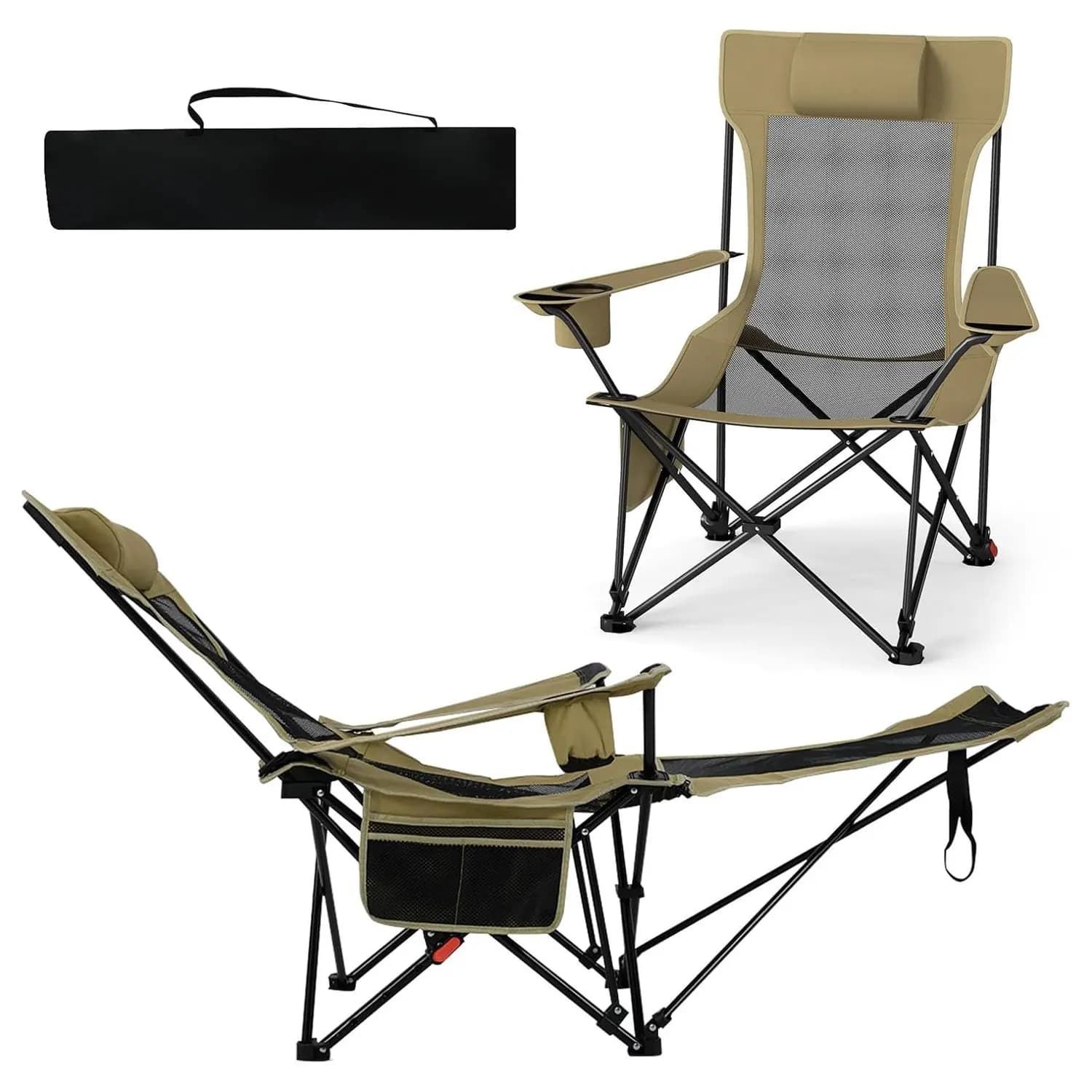 Chaise de pêche pliante avec repose-pieds amovible et dossier réglable couleur kaki