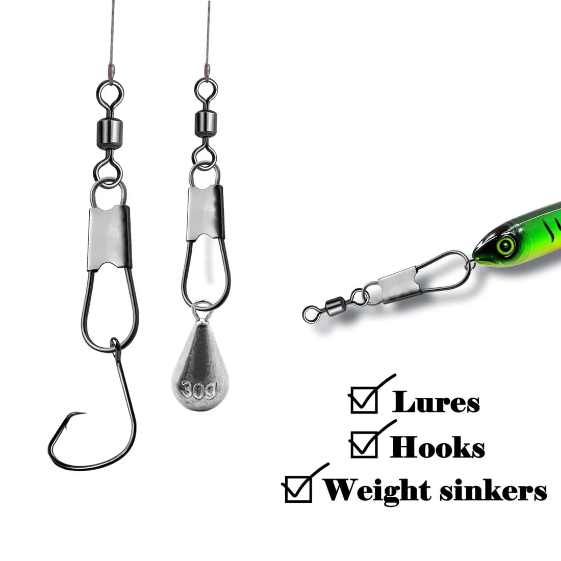 Swivel snap barrel avec interlock snap acier inoxydable quick change fishing clip rolling swivel