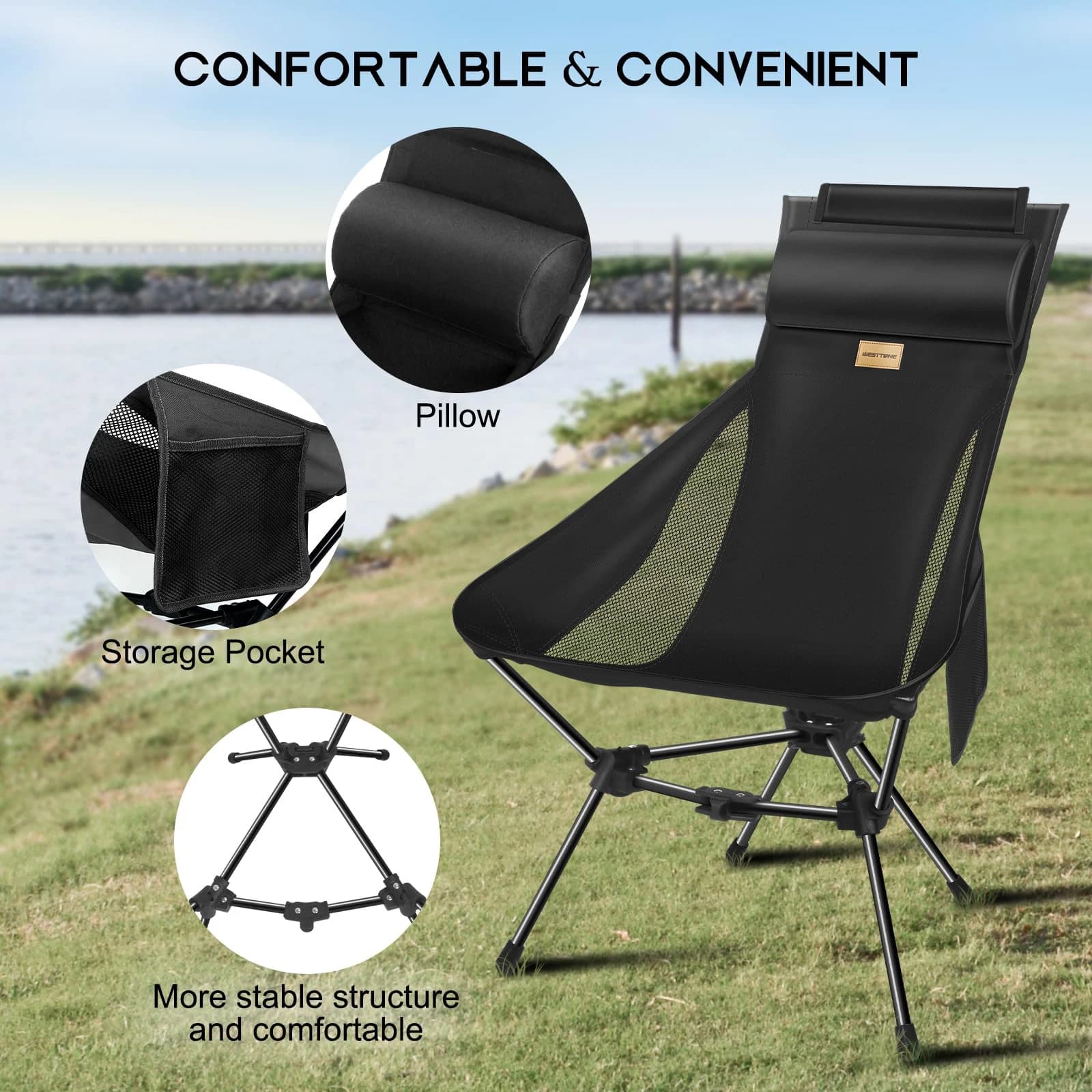 Chaise de pêche WESTTUNE Moon ultralégère pliante avec appui-tête pour détente en plein air
