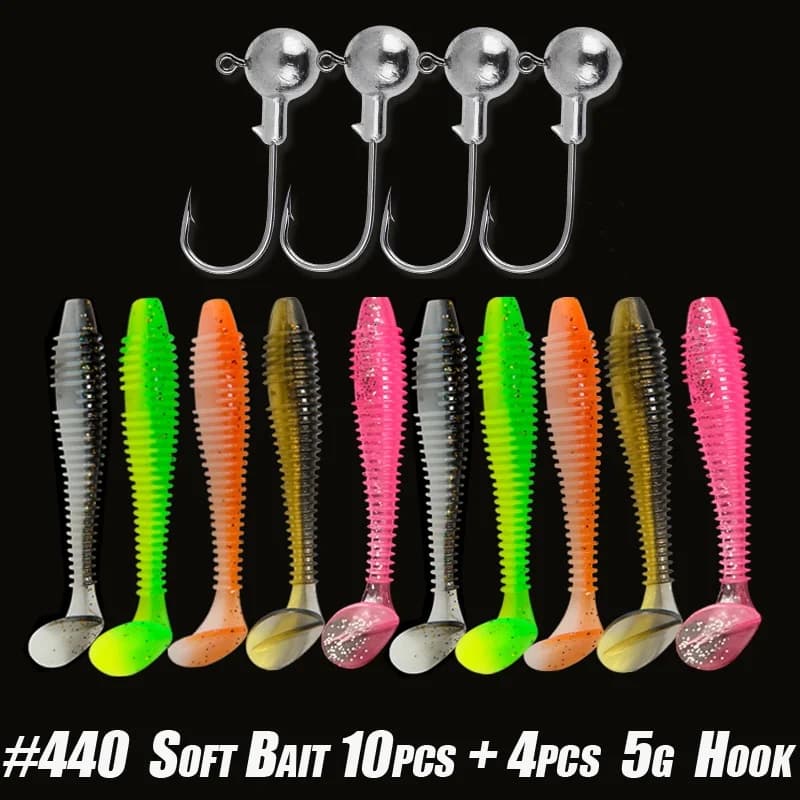 Kit de leurres souples pêche avec leurres silicone et hameçons, appâts artificiels vers et jig tête