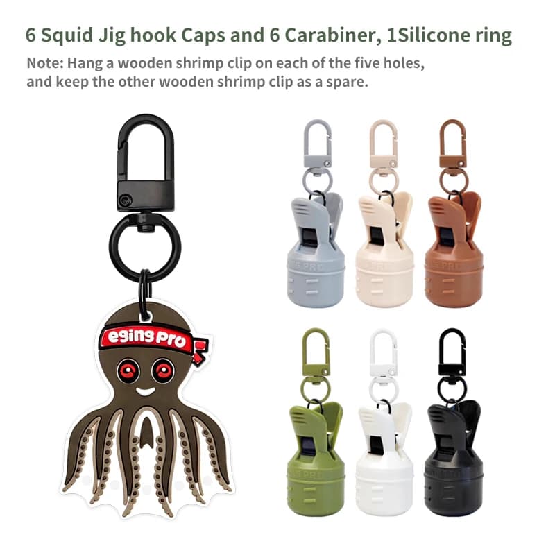 Kit protecteur de leurres pour calmar 6 pièces - Hameçons Egi avec capuchon et mousqueton - Accessoire mer