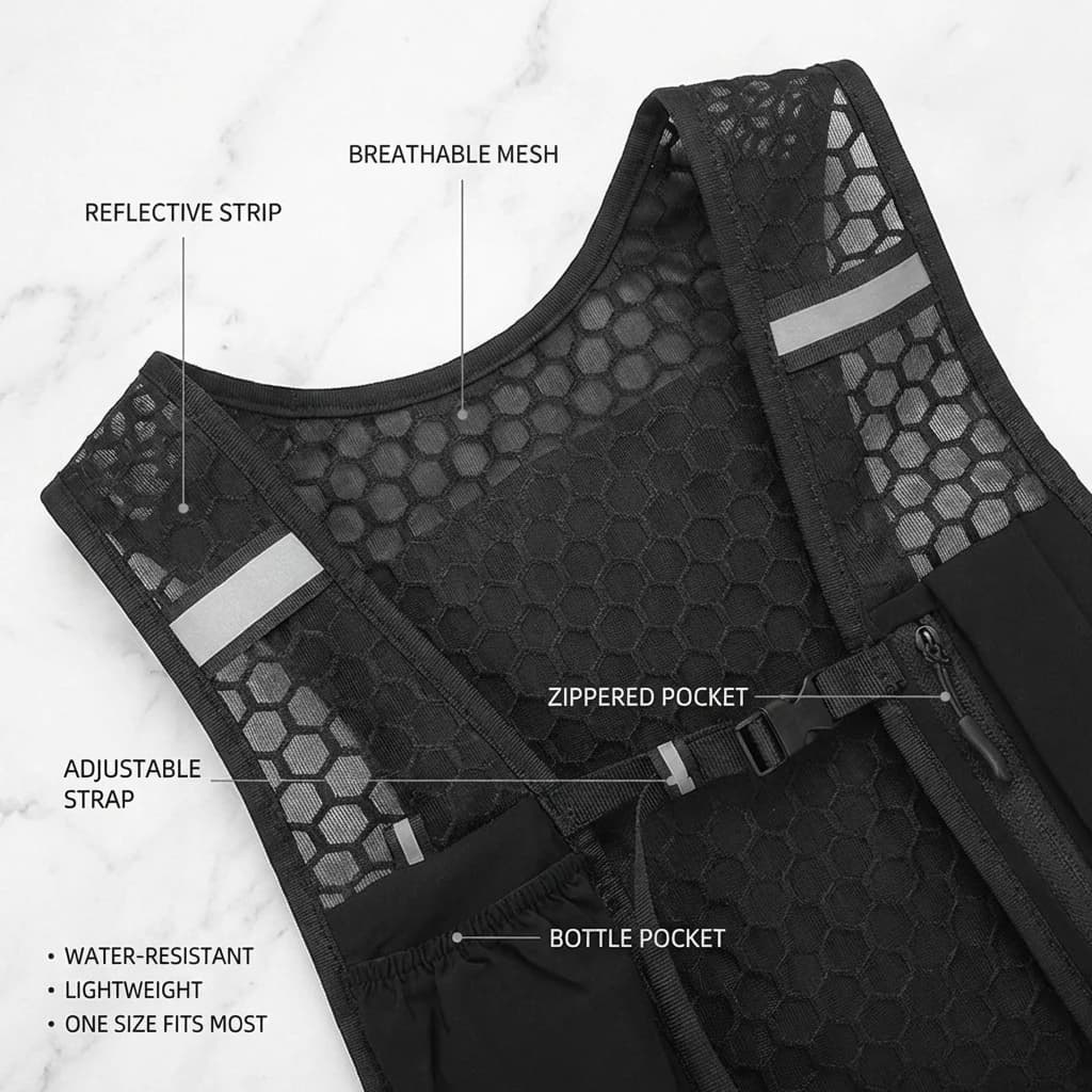 Veste running hydratation pêche légère - Gilet porte-bidon réfléchissant avec rangement téléphone pour pêche