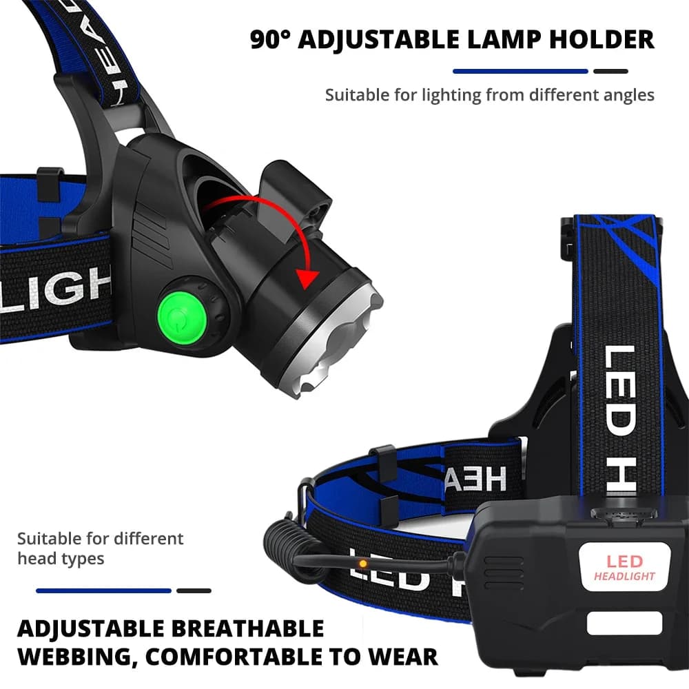 Lampe frontale LED T6 waterproof pour pêche - 3 modes et zoom, alimentation 2x18650 batteries
