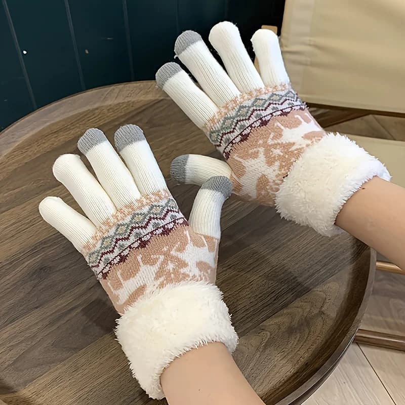 Gants de pêche en laine jacquard renne Noël, doublure polaire épaisse pour hiver froid et écran tactile