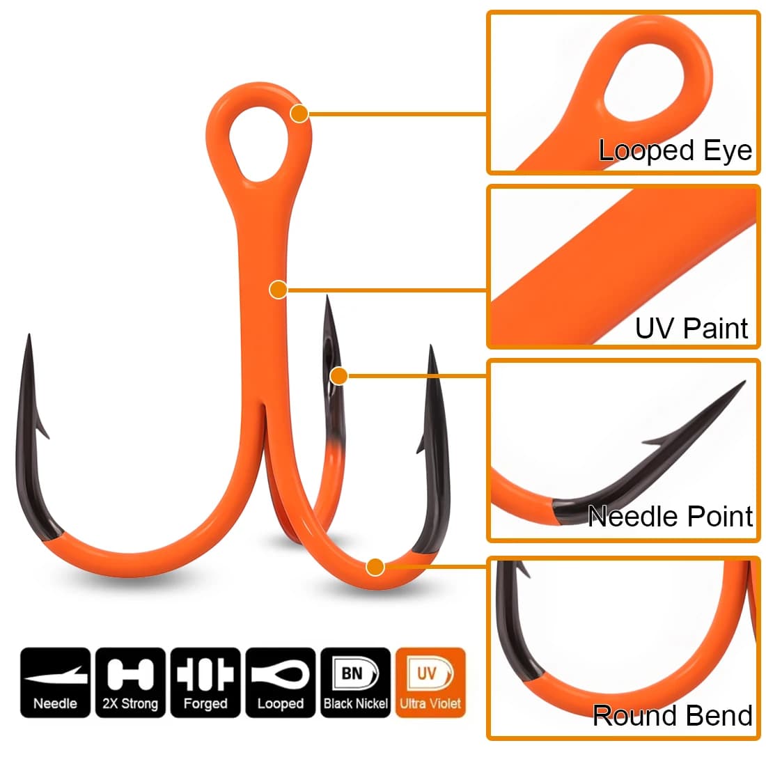 Hameçons triples UV orange 10 pièces 9KM 2X renforcés pour leurres durs pêche mer et eau douce