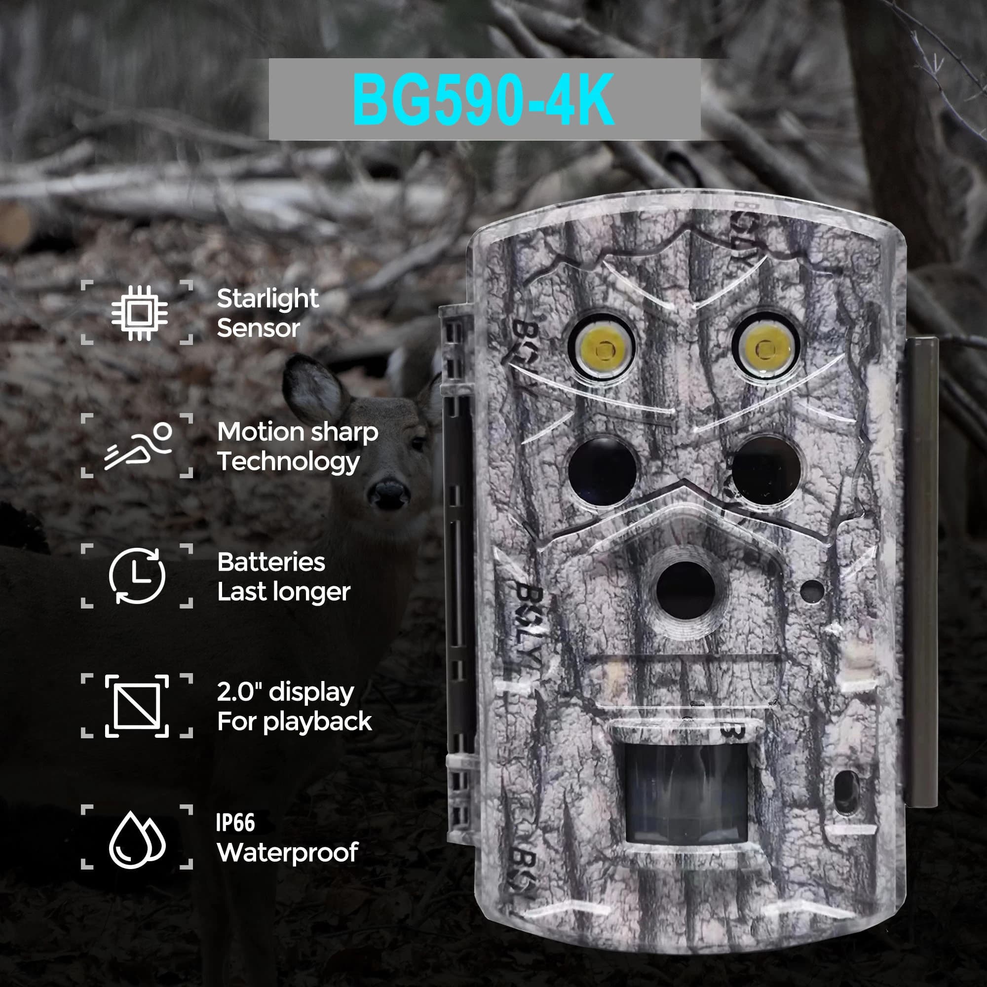 Caméra BolyGuard BG590 4K 45MP étanche IP68 vision nocturne 30m écran 2" + carte SD offerte pour chasse