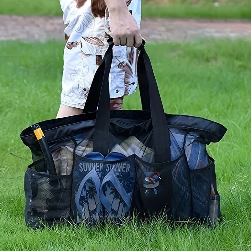 Grand sac plage léger étanche pliable avec poches filet sangles réglables épaule