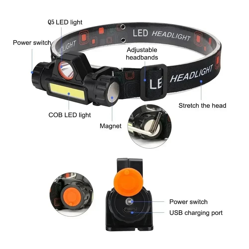 Lampe frontale COB Q5 avec batterie 18650 intégrée et gradation continue pour pêche et camping nocturne