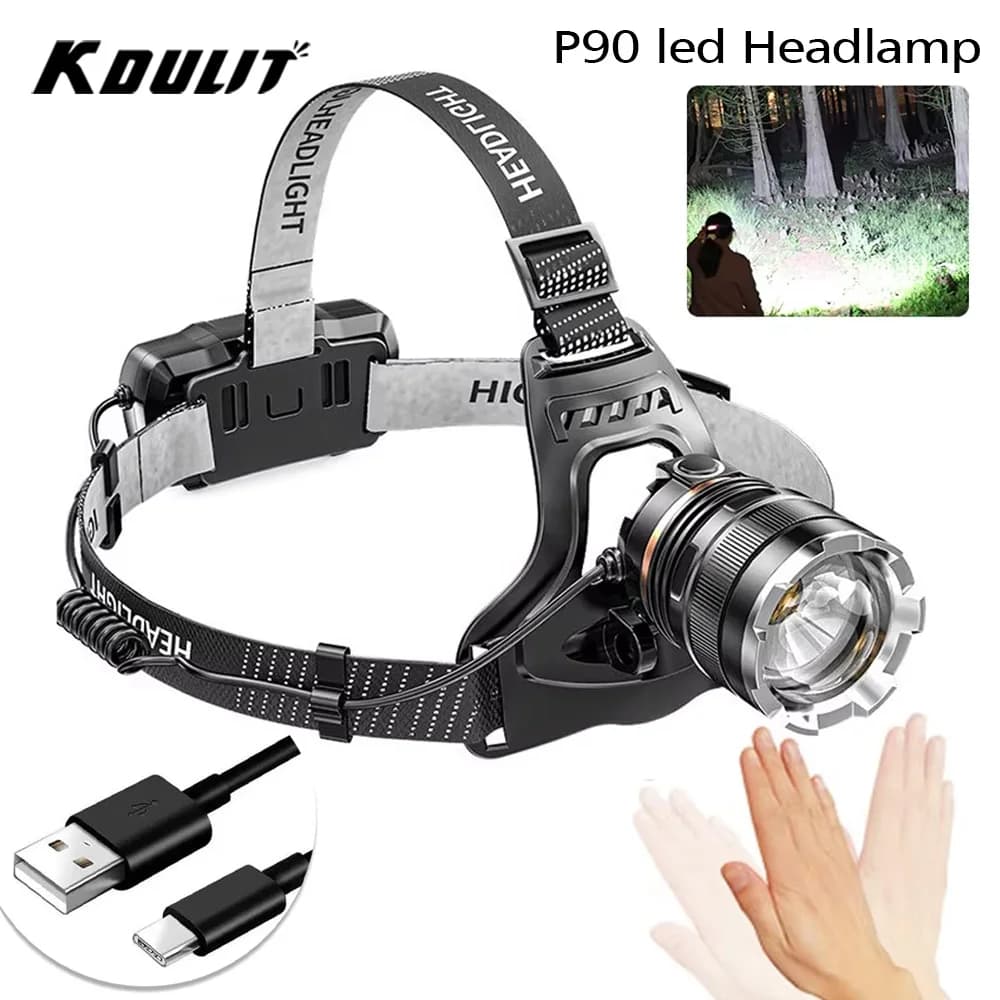 Lampe frontale XHP90 ultra puissante 1000m rechargeable 2x18650 pour pêche nocturne et camping