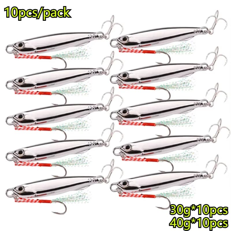 Lot de 10 leurres métalliques jig 30g 40g pour pêche en mer, appâts cuillère brillants pour