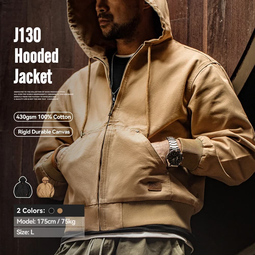 Veste vintage Maden J130 en toile lourde avec capuche - Veste courte pour pêche et streetwear automnal