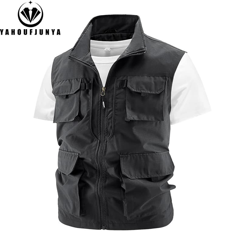 Gilet pêche homme été multiples poches - Col montant solide sans manches - Veste outdoor respirante