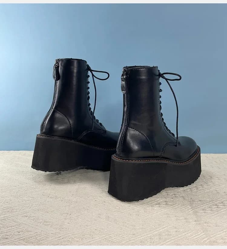 Bottes femmes talon compensé 8cm semelle épaisse vintage laçage muffin rétro pour pêche