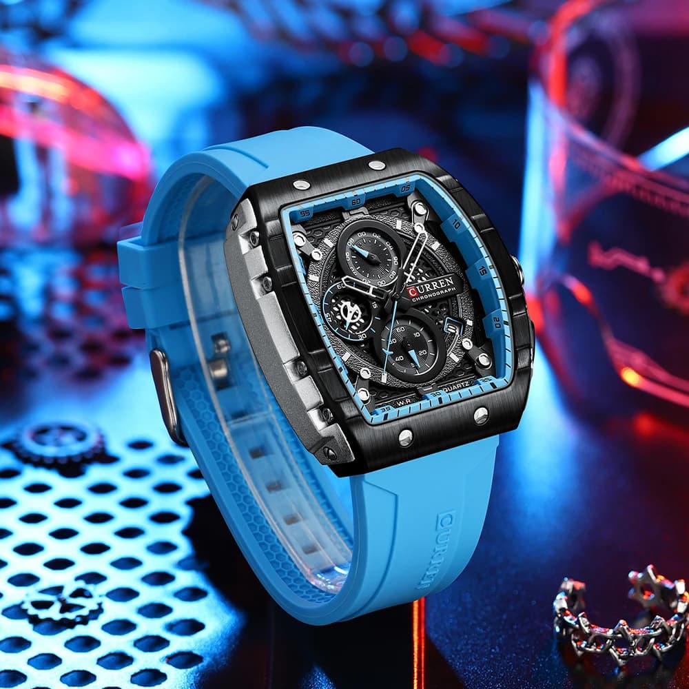 Montre sport Curren tonneau homme - Cadran sportif étanche, bracelet silicone jaune lumineux, quartz automatique