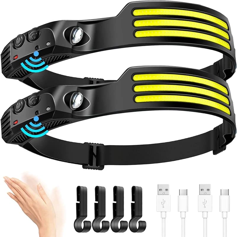 Lampe frontale COB LED à induction rechargeable USB avec détecteur intégré pour pêche et camping pratique